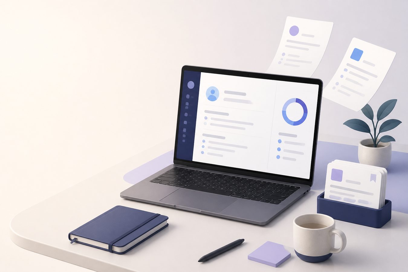 Illustration of a job-search workspace with a resume on screen and application materials on the desk
